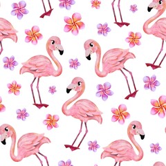 Obraz premium Seamless summer pattern with flamingos and flowers. Watercolor background with pink an exotic bird from Africa. perfect for summer design, textile, fabric, wallpaper.
