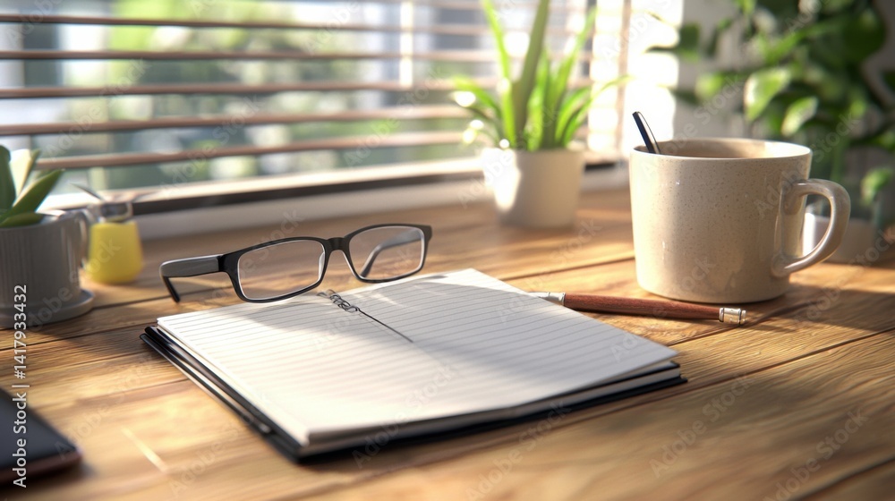 Poster a neatly organized and minimalist office desk with an open notebook, pen, and reading glasses, creat