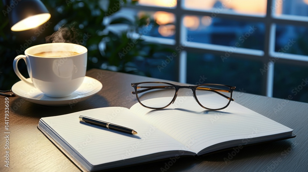 Poster neatly arranged office desk with an open notebook, a pen, and a pair of reading glasses, creating a 