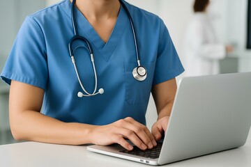Healthcare Professional Typing on Laptop in Clinical Setting