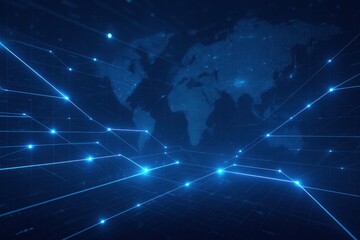 Futuristic abstract technology network background with glowing lines and data nodes, blue digital grid, global connection theme