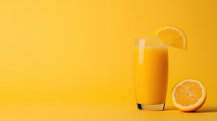 juice detox minimalist concept. Bright orange juice in a glass with a slice of orange on a vibrant yellow background.