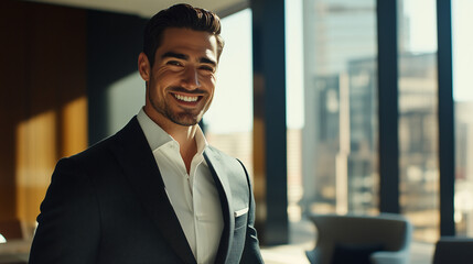 A confident man in a sleek, modern office, his radiant smile exuding warmth and professionalism.
