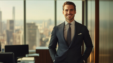 A confident man in a sleek, modern office, his radiant smile exuding warmth and professionalism.