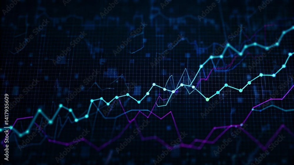 Leinwandbilder neon green, blue chart waves with diagram, abstract glowing data visualization, futuristic finance d