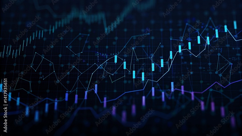 Aufkleber neon green, blue chart waves with diagram, abstract glowing data visualization, futuristic finance d