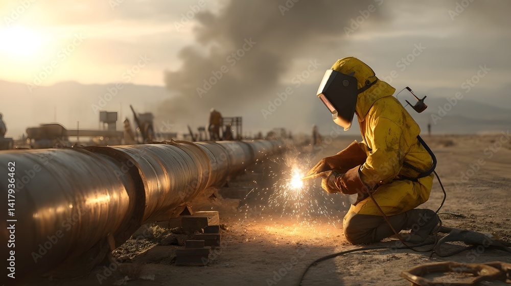 Poster a welder wearing a protective suit kneeling near a pipeline and using a welding torch with the sun s
