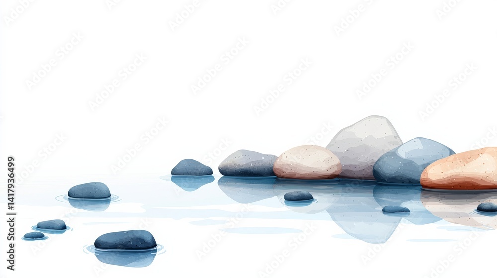 Poster flat design illustration of tidal pools with multicolored rocks reflecting in calm water background