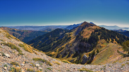 Box Elder Peak hiking views from trail, American Fork Canyon. Lone Peak, Mt Timpanogos, Wasatch...