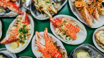 Seafood feast: An array of delicious grilled lobster dishes, garnished and presented beautifully on plates.