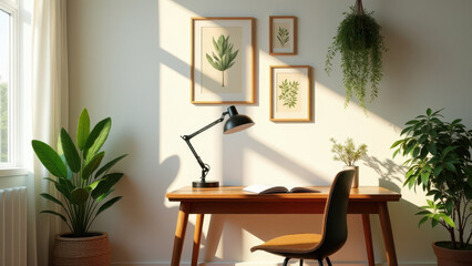 Cozy Home Office with Natural Light, Wooden Desk, and Indoor Plants
