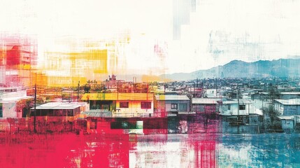 Colorful abstract cityscape painting featuring houses and distant mountains