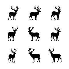 Set of deer silhouettes, set of deer silhouettes, reindeer black silhouette on transparent background