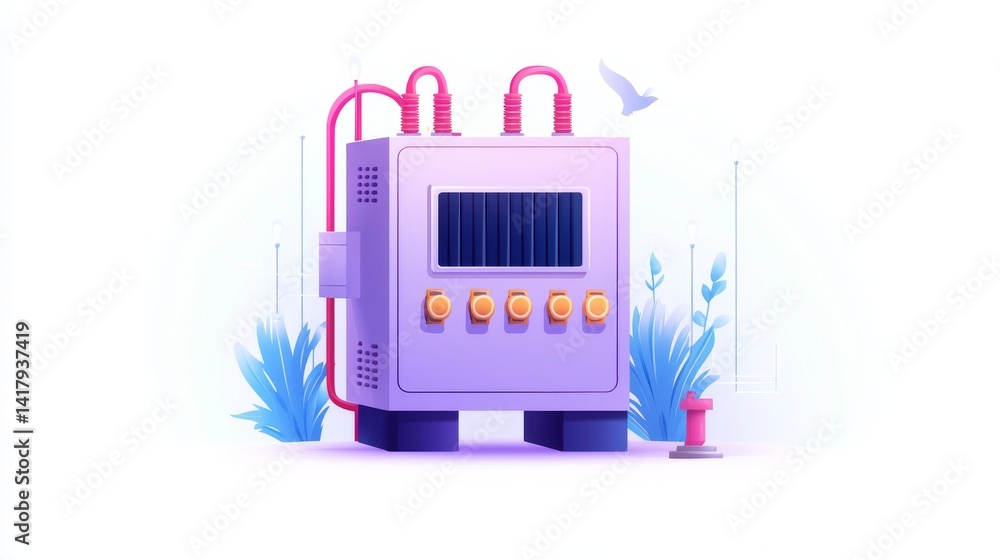 Poster flat design transformer with pink pipes surrounded by abstract blue elements in a minimalistic style