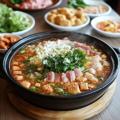 Steaming Spicy Soup with Meat Tofu and Vegetables in Black Pot