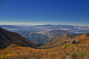 Box Elder Peak hiking views from trail, American Fork Canyon. Lone Peak, Mt Timpanogos, Wasatch Range Rocky Mountains, Utah, United States.