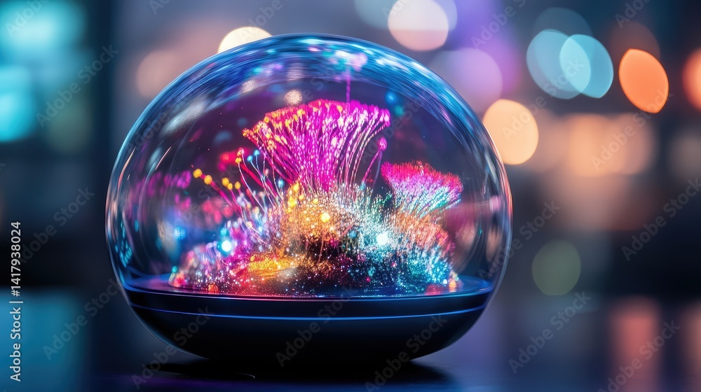 Poster glowing microorganisms projected in a sleek dome-shaped device, highlighting progress in health tech