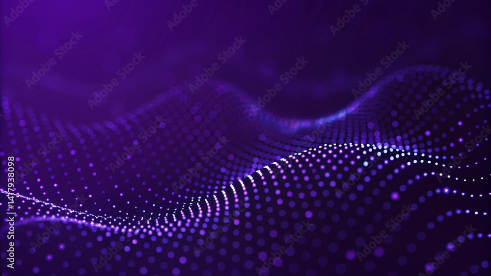 Aufkleber Particle stream. Purple background with many glowing particles. Information technology background. 3d rendering. Futuristic data flow concept with digital wave pattern and abstract light motion.