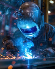 A factory worker welding intricate metal parts for a high-tech aerospace structure.