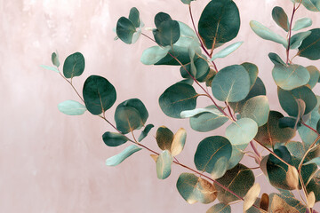 Green and gold eucalyptus leaves on a blush pink background, creating a sophisticated and elegant design ideal for branding or invitation