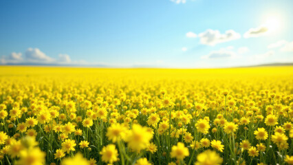 Obraz premium A vibrant field of yellow flowers against a clear blue sky.