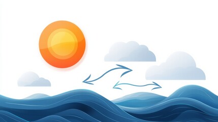 Vibrant Sun Icon Radiating Warmth Over Stylized Blue Waves and Clouds