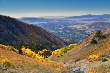 Box Elder Peak hiking views from trail, American Fork Canyon. Lone Peak, Mt Timpanogos, Wasatch Range Rocky Mountains, Utah, United States.