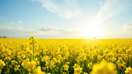 Obraz premium A vibrant field of yellow flowers under a sunny sky.