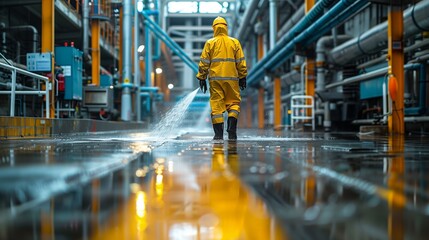Factory worker in protective equipment checking amount of chemicals inside large reservoir.