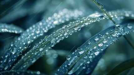 Beautiful foliage in blue color. Nature background for your design. Color of the year 2020. Droplets of pure water on a grass closeup.
