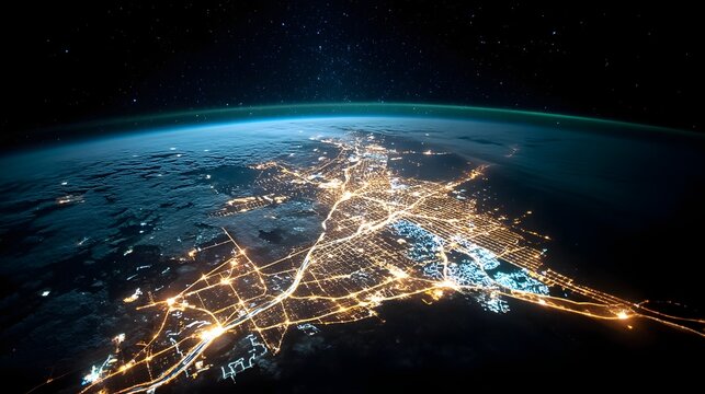 Aerial view of a vast densely populated urban center glowing under the night sky showcasing the extensive infrastructure and interconnected network of a thriving metropolitan area