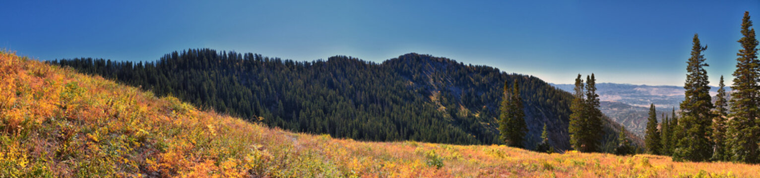 Box Elder Peak hiking views from trail, American Fork Canyon. Lone Peak, Mt Timpanogos, Wasatch Range Rocky Mountains, Utah, United States.