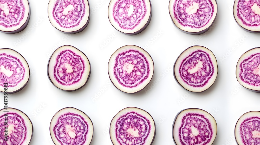Poster vibrant purple and white cross-sections of a root vegetable arranged in a neat grid pattern on a whi