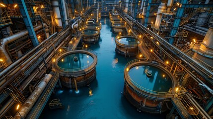 Aerial Perspective of Modern Water Cleaning Facility in Urban Wastewater Treatment Plant