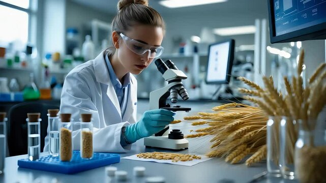 Female Scientist in White Lab Coat Analyzing Wheat Grains Under Microscope in Modern Laboratory Setting