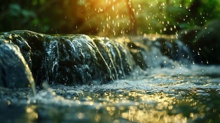 Waterfall,Waterfall in the forest and yellow ray ,Waterfall and sunset.