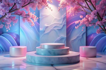 Serene pastel dreamscape with blooming sakura trees framing elegant tiered platforms, bathed in soft ethereal light.