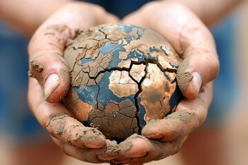 Protecting our planet hands holding a cracked earth model outdoors environmental awareness close-up sustainability