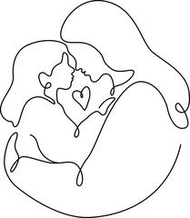Line art vector illustration of mother and daughter, Mother's Day celebration, mother hugging daughter,