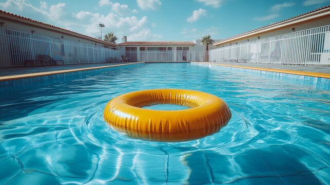 Yellow pool float drifting in a clear blue swimming pool  