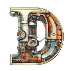 機械的な要素を取り入れた文字Dのレトロなデザイン 白い背景に分離された金属製の幾何学的なシンボル