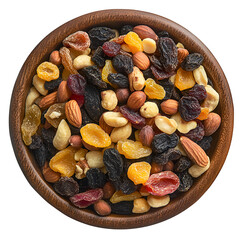 Assorted nuts and dried fruits mix, including almonds, cashews, walnuts, cranberries, blueberries, and blackberries, scattered on a transparent background Concept of healthy snack, nutrition, and food