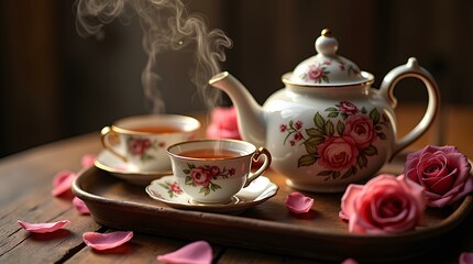 Fototapeta premium Love. Heart. A delicate, antique teapot with ornate floral patterns and a curved spout pours steaming hot tea into two dainty, rose-petal-rimmed cups on a worn, dark wood vintage tray, surrounded by 