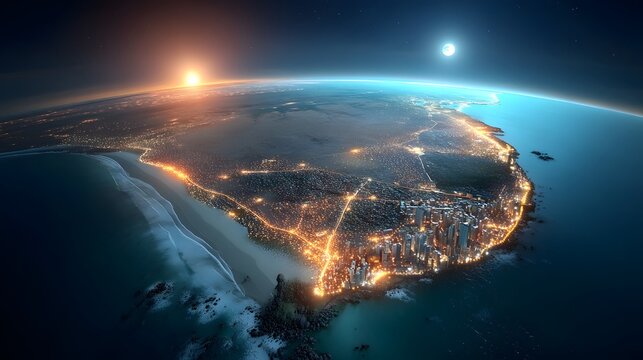 Breathtaking aerial perspective of South Africa s major cities including Cape Town and Johannesburg illuminated at night against the backdrop of the coastline and ocean horizon