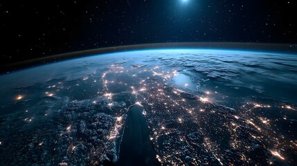 Obraz premium Breathtaking view of the earth s coastline at night with a tapestry of twinkling city lights visible from the vantage point of space
