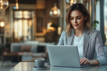 Fototapeta premium Focused Young Woman Working on Laptop in a Cozy Cafe