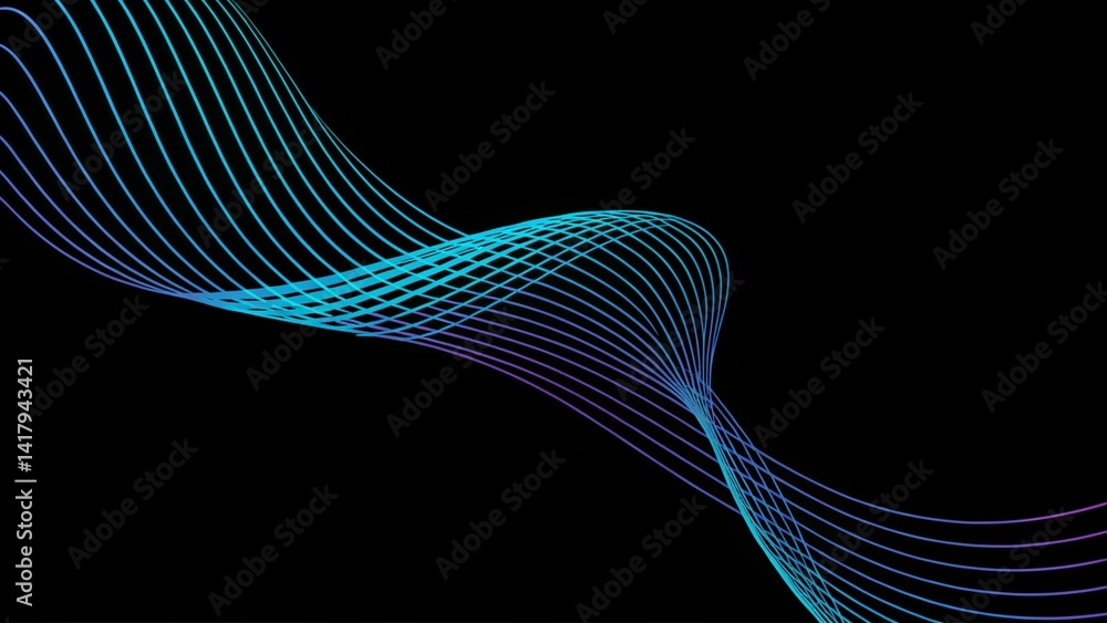 Poster Abstract light lines wavy flowing dynamic in blue green colors isolated on black background for concept of technology, digital, communication, 5G, science, music, glowing energy motion flow