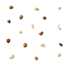 Fototapeta premium Assorted nuts and dried fruits mix, including almonds, cashews, walnuts, cranberries, blueberries, and blackberries, scattered on a transparent background Concept of healthy snack, nutrition, and food