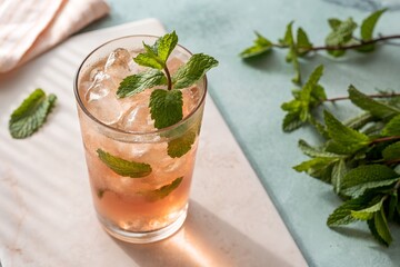 Lychee iced tea in a glass with mint leaves, soft lighting, pastel background