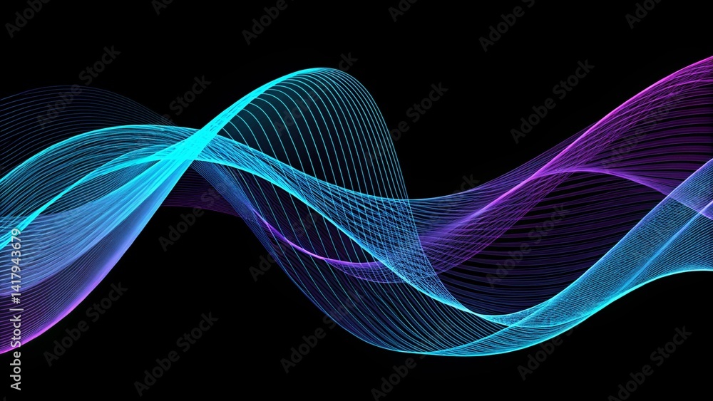 Poster Abstract light lines wavy flowing dynamic in blue green colors isolated on black background for concept of technology, digital, communication, 5G, science, music, glowing energy motion flow